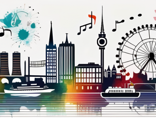 The hamburg skyline with various symbols representing different events (like music notes