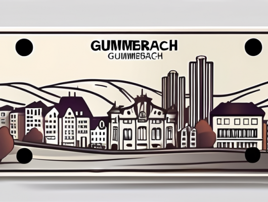 A vehicle registration plate with gummersbach's cityscape in the background