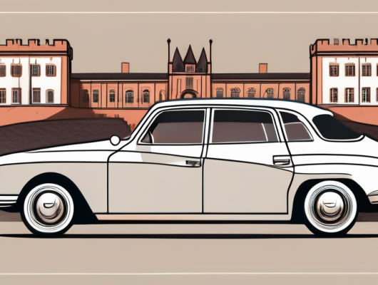 A car with a blank license plate parked in front of recognizable landmarks of aschaffenburg land