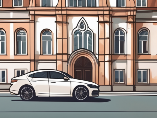 A car with a blank license plate parked in front of iconic buildings of rosenheim