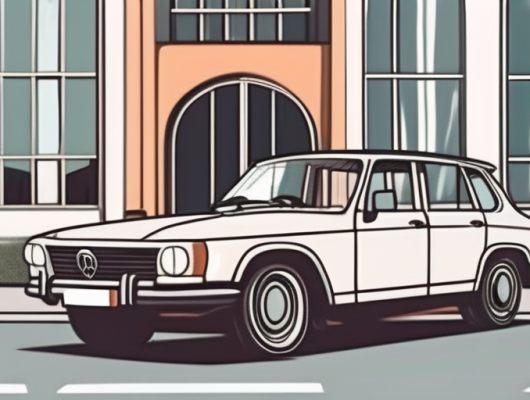 A car with an empty license plate parked in front of a recognizable building or landmark in böblingen