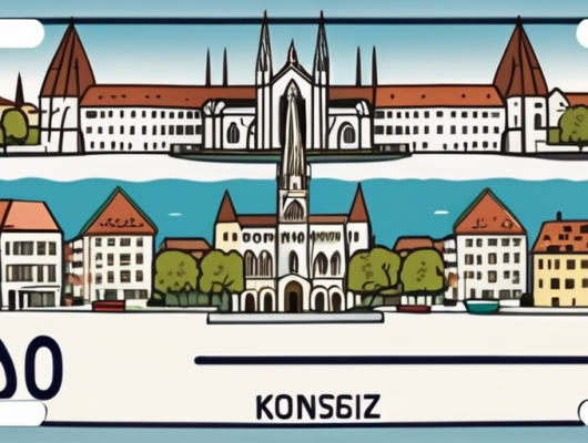 A vehicle license plate with a view of konstanz landmarks in the background