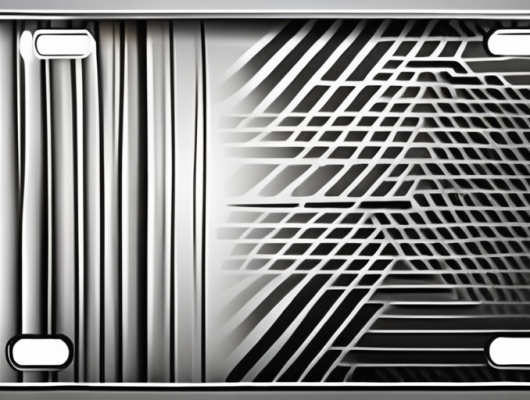 A vehicle license plate with a carbon fiber texture background