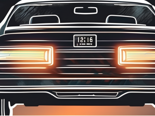 A glowing license plate attached to the back of a car in a dark setting