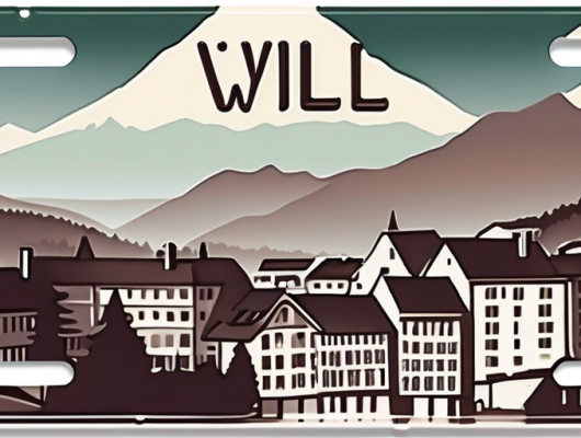 A car license plate with a scenic backdrop of the city of wil