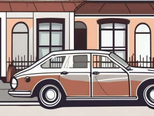 A car with an empty license plate parked in front of recognizable landmarks of bad oldesloe