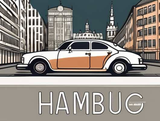 A car license plate with hamburg's cityscape in the background