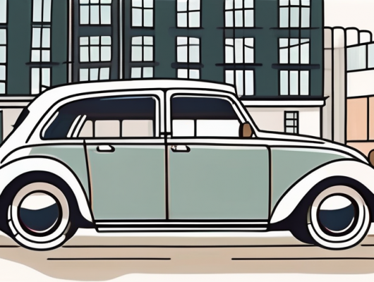 A car with a blank license plate parked near recognizable hamburg landmarks