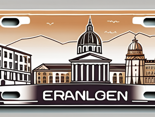 A vehicle license plate with a stylized representation of erlangen landmarks in the background