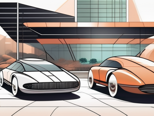 Classic vintage cars in a futuristic setting of the year 2030