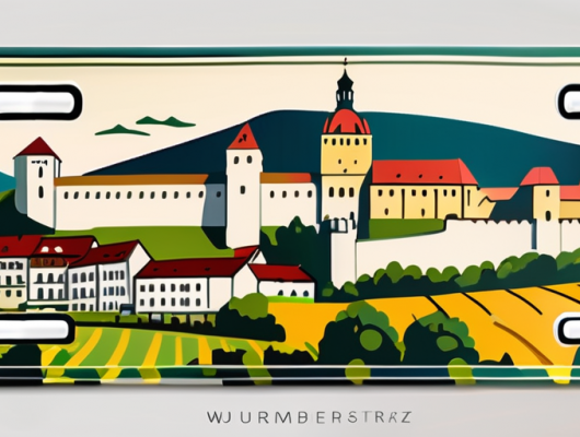 A german license plate with a scenic backdrop of the würzburg county