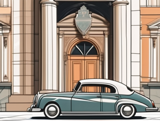A vintage car with an h license plate parked in front of a classic german architectural building