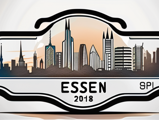 A vehicle registration plate with a stylized essen city skyline in the background
