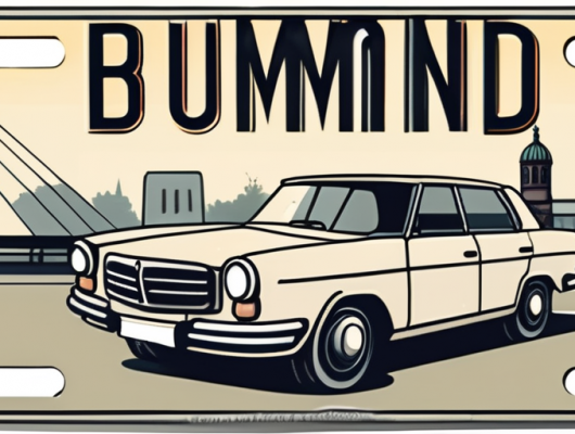 A car with an empty license plate parked in front of iconic dortmund landmarks