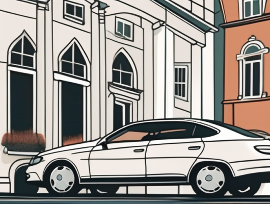 A car with a blank license plate parked in front of a recognizable göttingen landmark