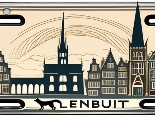 A car license plate with a stylized wolf symbol