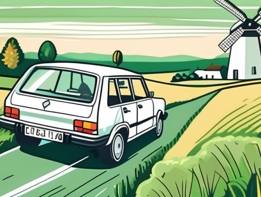 A car with a blank license plate parked in a picturesque scene of ammerland