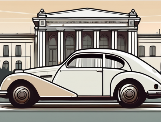 A car with a blank license plate parked in front of recognizable landmarks of pinneberg