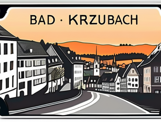A car license plate with a scenic background of the cityscape of bad kreuznach