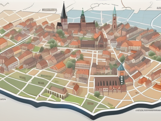 Various types of german license plates scattered on a map of lüneburg