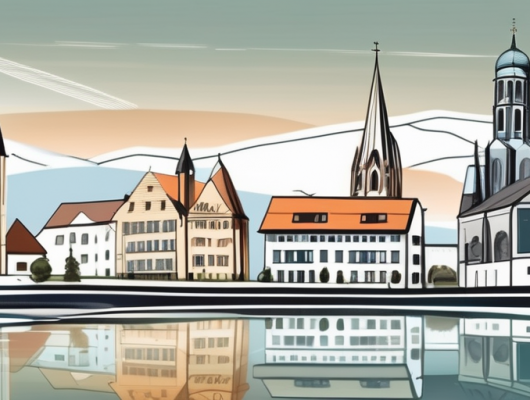 Various types of german car license plates against the backdrop of olpe city landmarks like the biggesee lake and st. martinus church