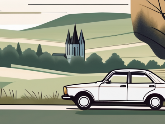A car with a blank license plate parked in a scenic rural setting that represents the district of osnabrück