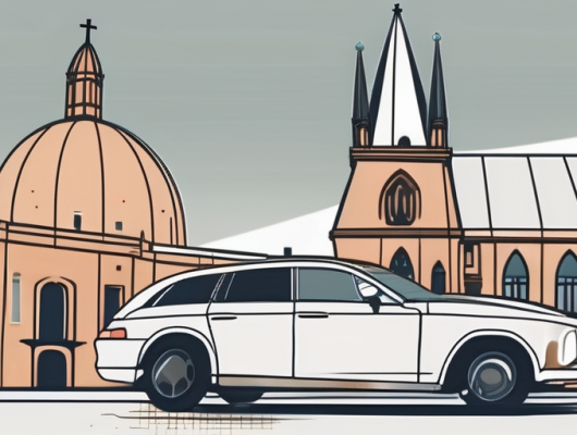 A vehicle with a blank license plate parked in front of recognizable oldenburg city landmarks