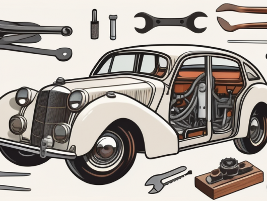A vintage car partially disassembled