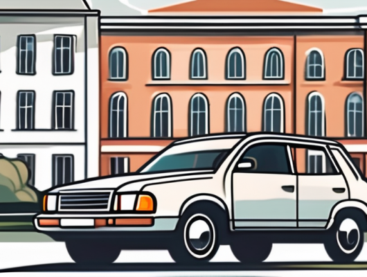 A car with a blank license plate parked in front of a scenic view of oldenburg land