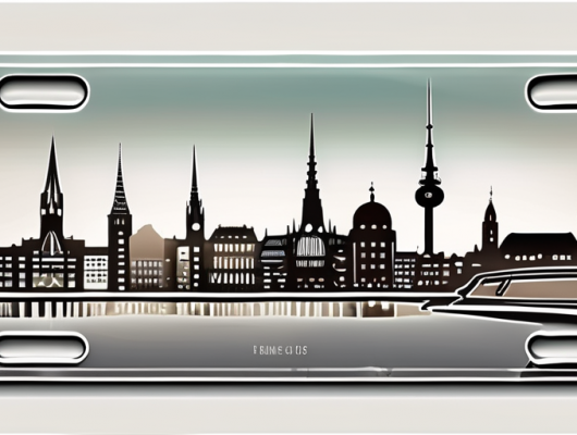 A car license plate with the silhouette of hamburg's cityscape reflected on it