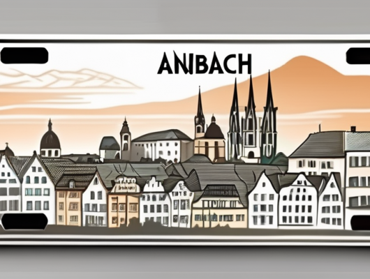 A vehicle license plate with the ansbach cityscape in the background