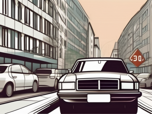 A düsseldorf cityscape with a car displaying a license plate in the foreground