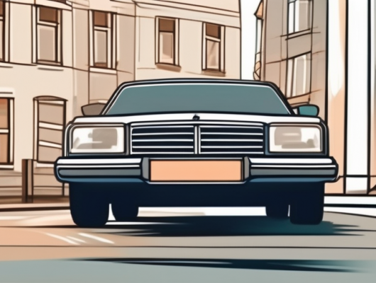 A car with an empty license plate parked in front of düren's city landmarks