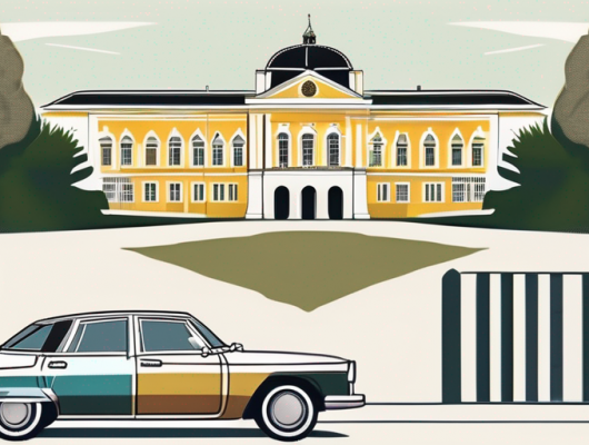 A car with an empty license plate parked in front of recognizable landmarks of ludwigsburg