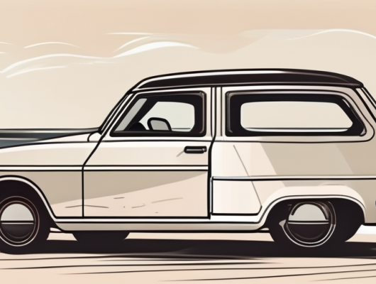 A car with a blank license plate parked near rostock's iconic landmarks like the rostock lighthouse and warnemünde beach