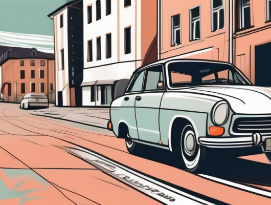 A ravensburg cityscape with a car featuring an empty license plate in the foreground