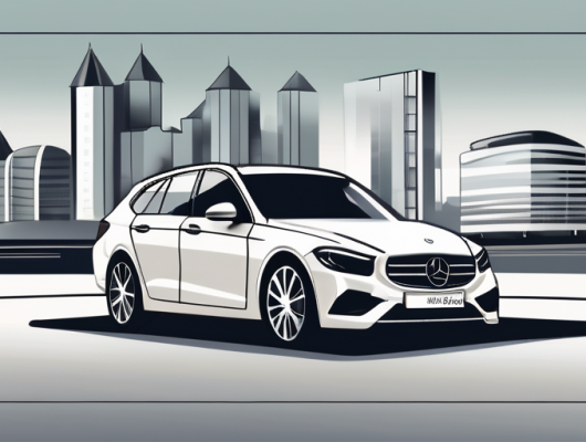 A car with saarbrücken's cityscape in the background and a registration plate