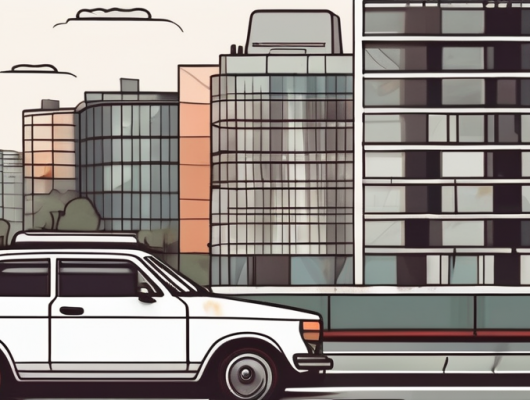 A düsseldorf cityscape with a car displaying an empty license plate in the foreground