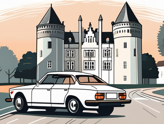 A car with a blank license plate parked in a picturesque scene of moers