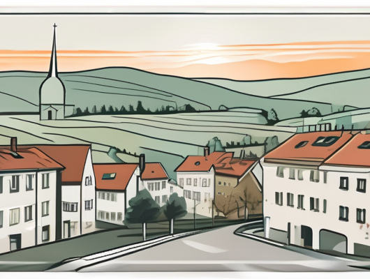 Various types of german license plates with the scenic town of olpe in the background