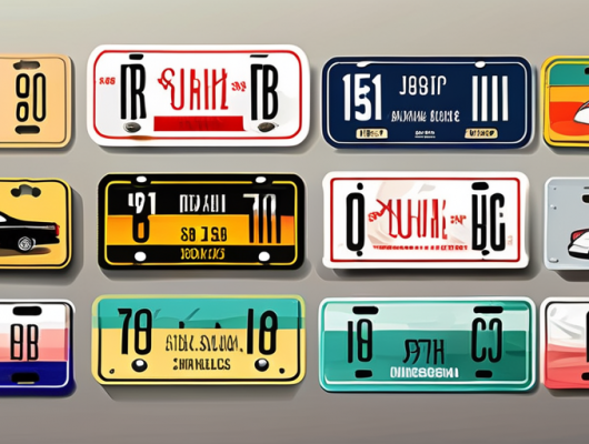 Various unique and colorful car license plates with different types of stickers applied on them