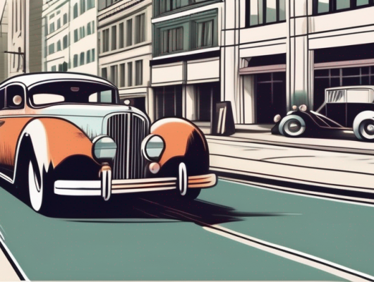 A vintage car with a prohibition sign over it