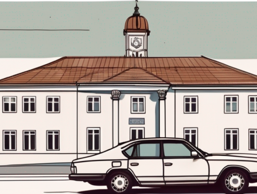 A car with an empty license plate parked in front of the fürstenfeldbruck town hall