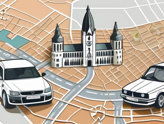 Various types of german car license plates scattered around a detailed map of detmold