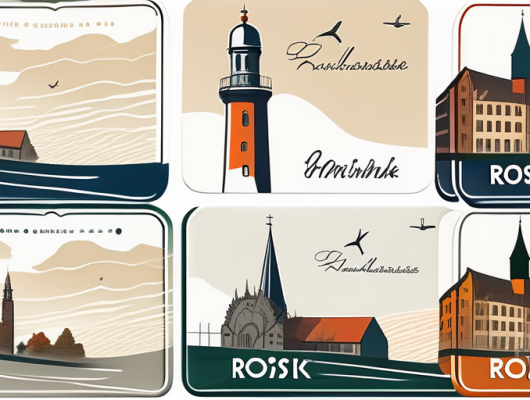 Various car license plates with the backdrop of the city of rostock