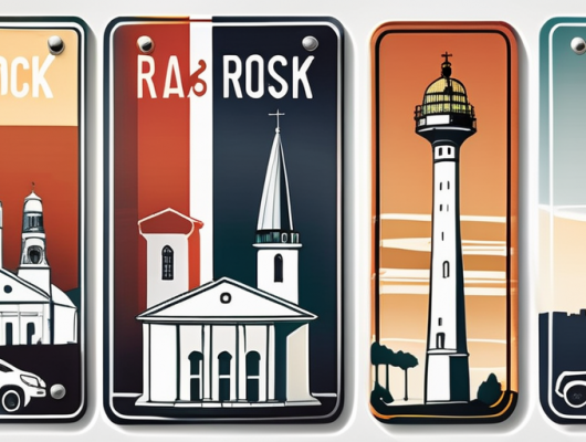Various car license plates against the backdrop of notable rostock landmarks