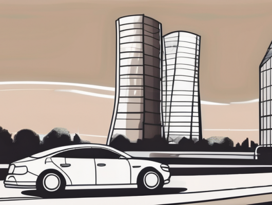 A car with an empty license plate parked near iconic landmarks of düsseldorf