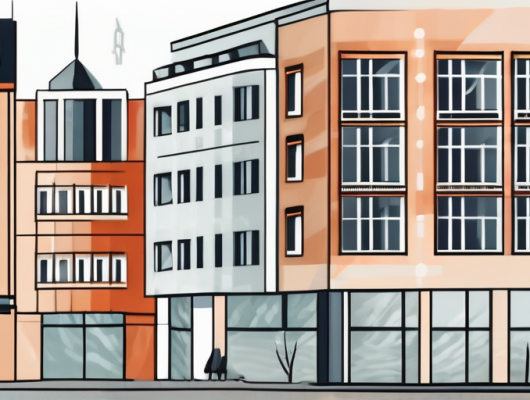 The krefeld cityscape with a prominent building symbolizing the straßenverkehrsamt (road traffic authority)