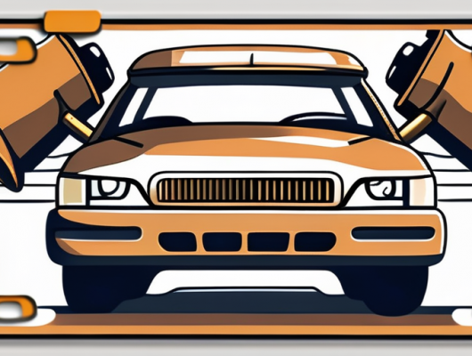 A bent car license plate with a looming gavel in the background