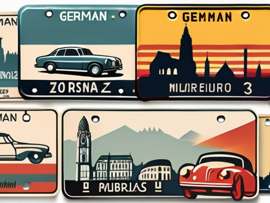 Various german car license plates along with some iconic landmarks of mo